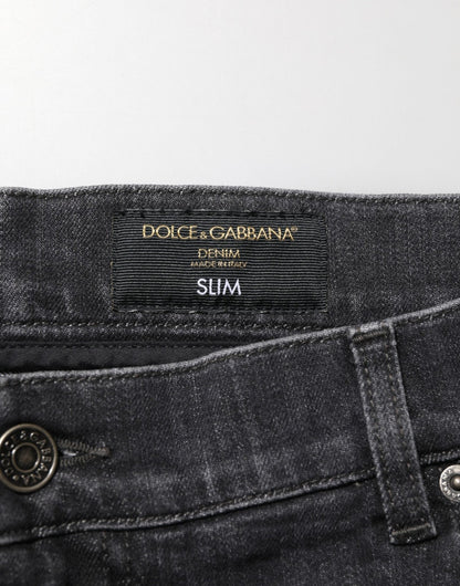 Dolce & Gabbana Black Cotton Slim Fit Distressed Ripped Logo Jeans – IT44 | XS par Dolce & Gabbana | Disponible sur Sandy Store ByNet