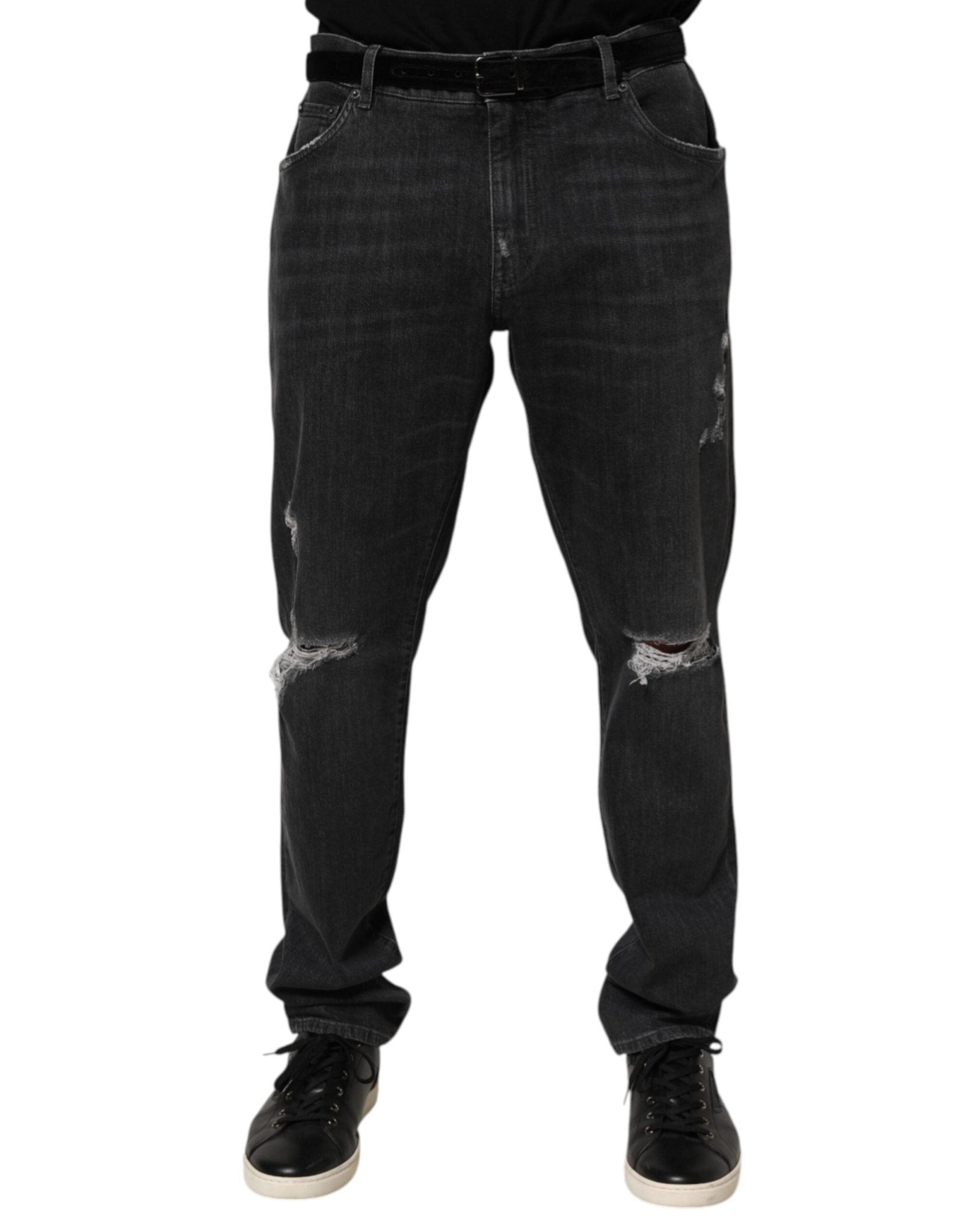 Dolce & Gabbana Black Cotton Slim Fit Distressed Ripped Logo Jeans – IT44 | XS par Dolce & Gabbana | Disponible sur Sandy Store ByNet