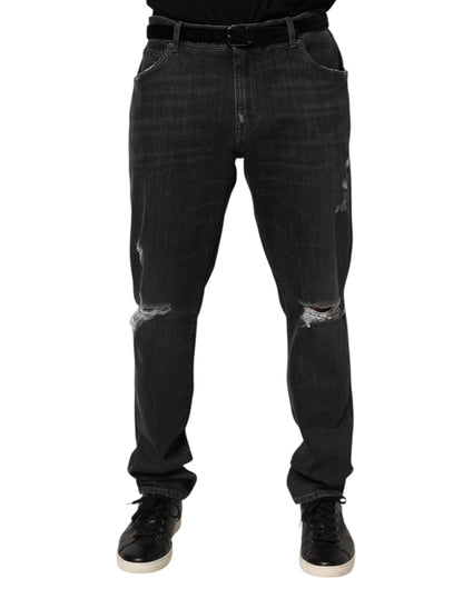 Dolce & Gabbana Black Cotton Slim Fit Distressed Ripped Logo Jeans – IT44 | XS par Dolce & Gabbana | Disponible sur Sandy Store ByNet
