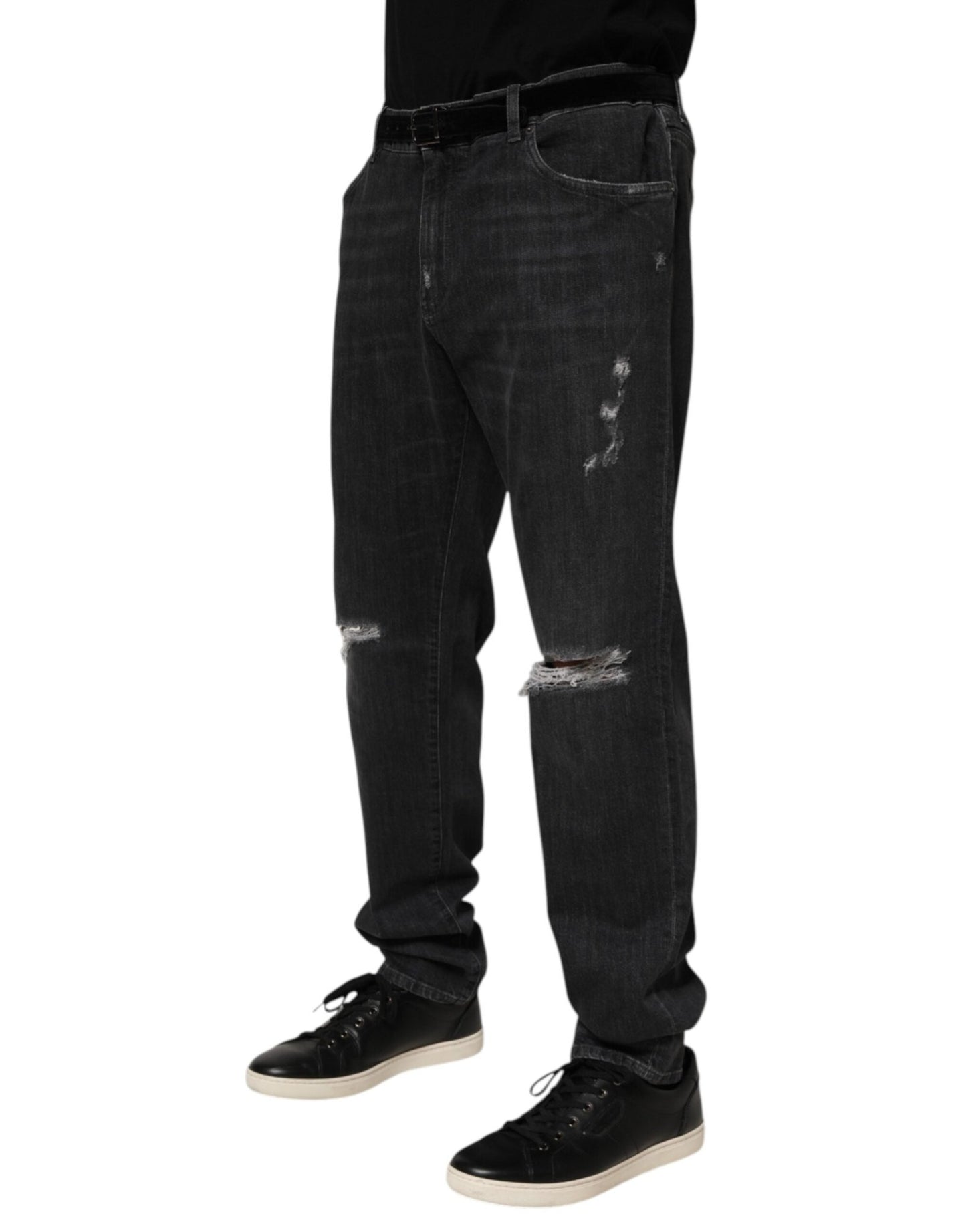 Dolce & Gabbana Black Cotton Slim Fit Distressed Ripped Logo Jeans – IT44 | XS par Dolce & Gabbana | Disponible sur Sandy Store ByNet