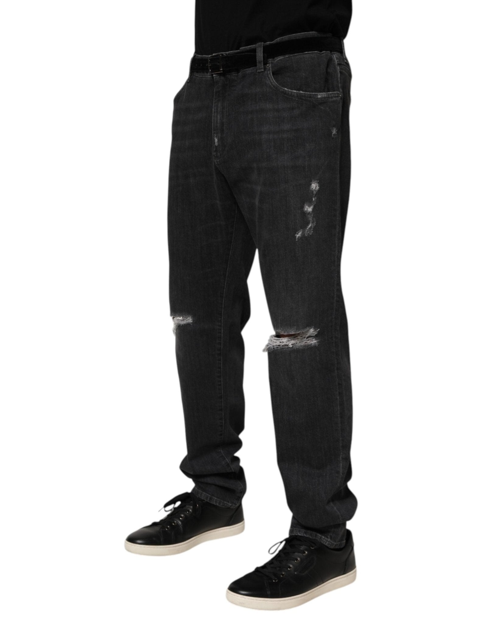 Dolce & Gabbana Black Cotton Slim Fit Distressed Ripped Logo Jeans – IT44 | XS par Dolce & Gabbana | Disponible sur Sandy Store ByNet