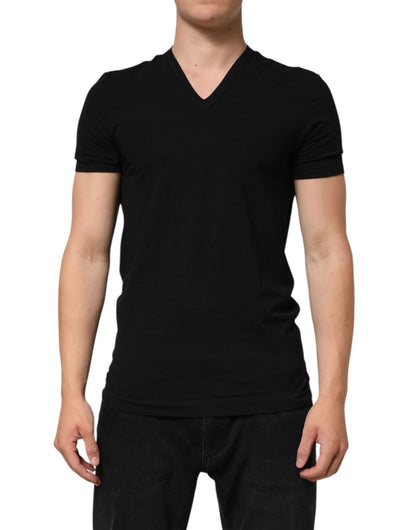 Dolce & Gabbana Black Cotton Slim Fit Men V - Neck Shirt T-shirt – IT4 | S par Dolce & Gabbana | Disponible sur Sandy Store ByNet