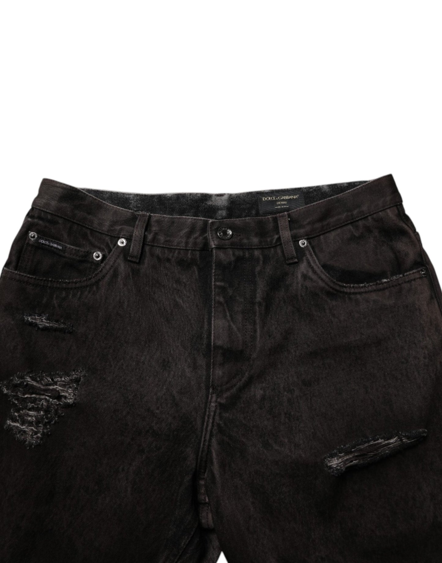 Dolce & Gabbana Black Cotton Tattered Denim Men Bermuda Short – IT48 | M par Dolce & Gabbana | Disponible sur Sandy Store ByNet