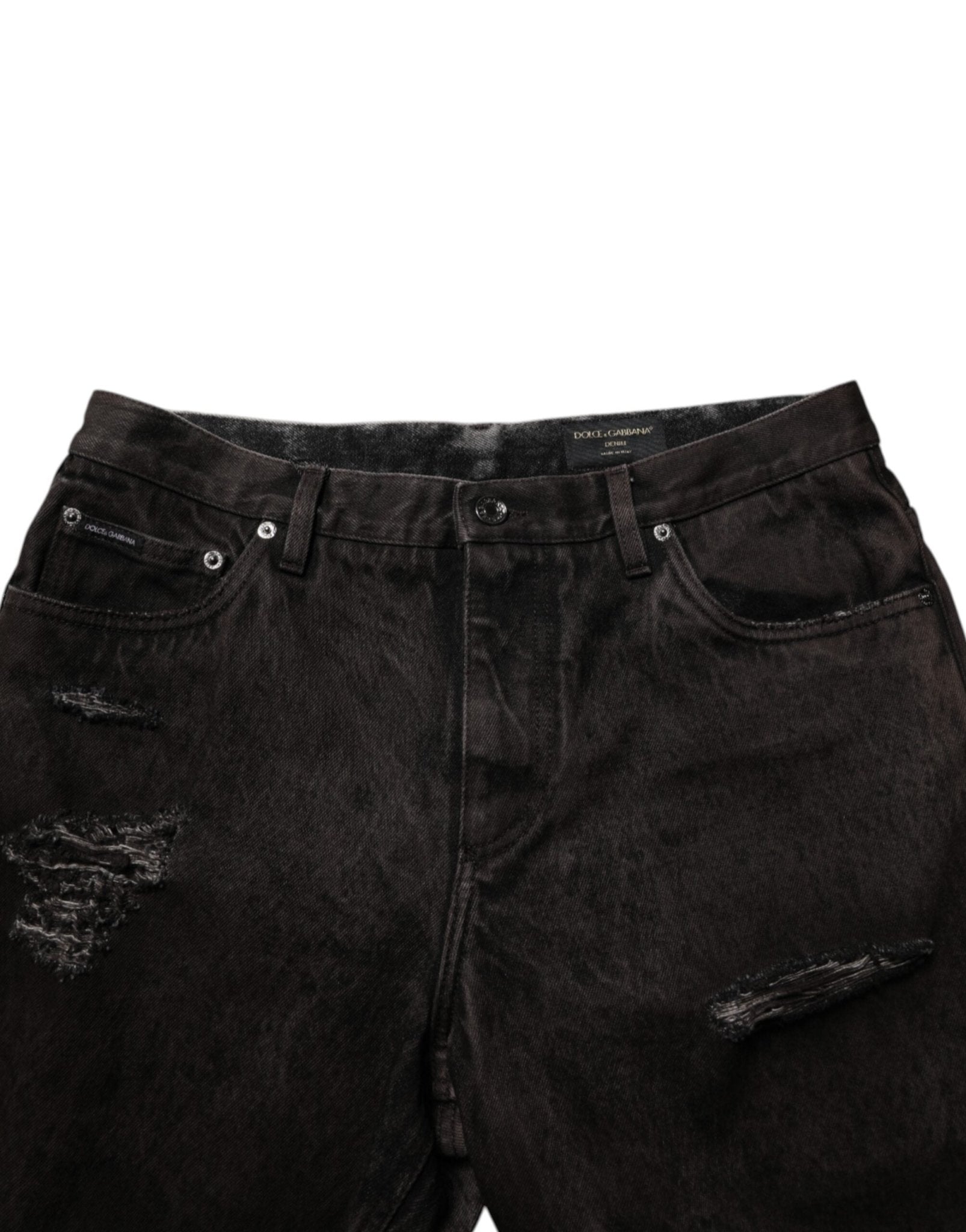 Dolce & Gabbana Black Cotton Tattered Denim Men Bermuda Short – IT48 | M par Dolce & Gabbana | Disponible sur Sandy Store ByNet