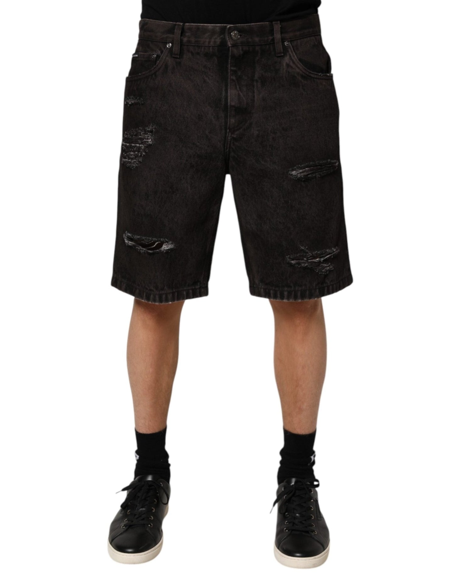 Dolce & Gabbana Black Cotton Tattered Denim Men Bermuda Short – IT48 | M par Dolce & Gabbana | Disponible sur Sandy Store ByNet