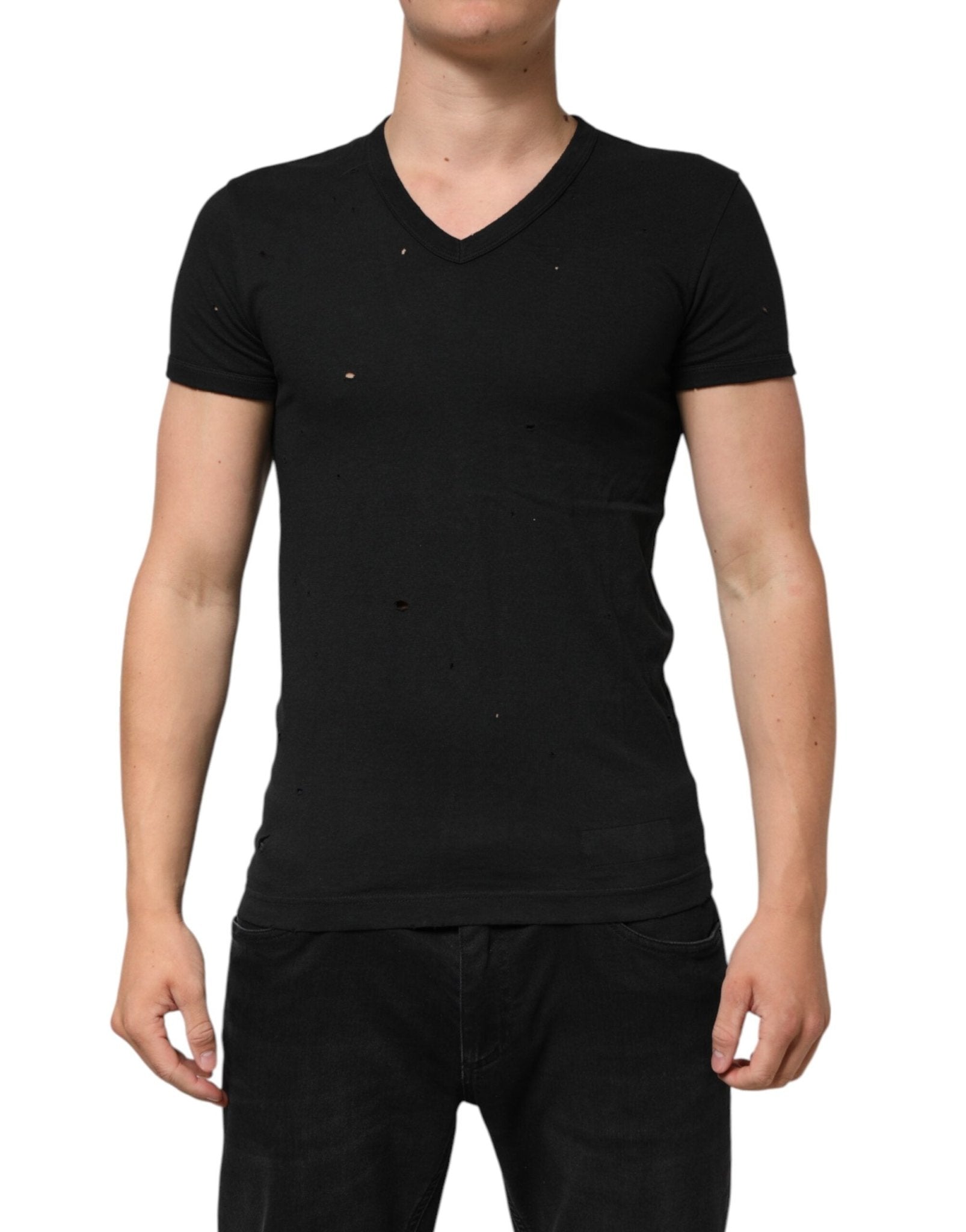 Dolce & Gabbana Black Cotton Tattered Logo V - Neck Men T-shirt – IT44 | XS par Dolce & Gabbana | Disponible sur Sandy Store ByNet