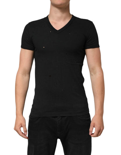 Dolce & Gabbana Black Cotton Tattered Logo V - Neck Men T-shirt – IT44 | XS par Dolce & Gabbana | Disponible sur Sandy Store ByNet
