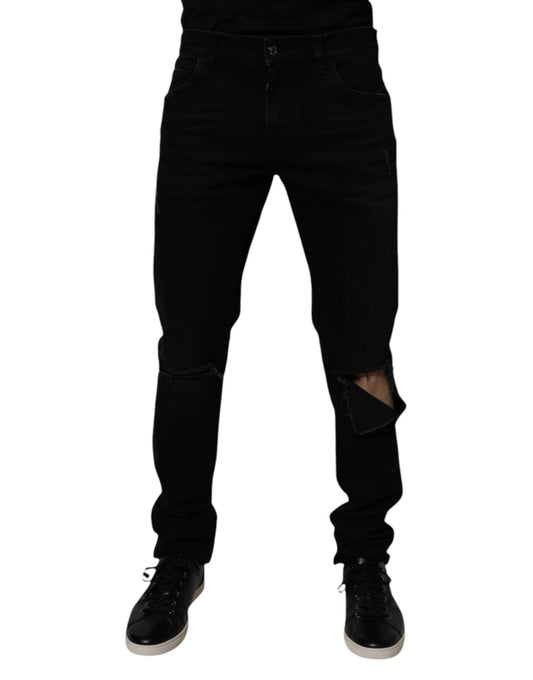 Dolce & Gabbana Black Cotton Tattered Skinny Men Denim Jeans – IT52 | XL par Dolce & Gabbana | Disponible sur Sandy Store ByNet