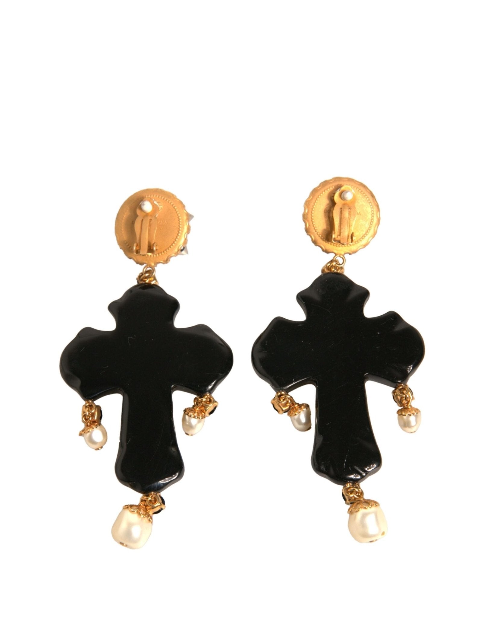 Dolce & Gabbana Black Crystal Cross Crystal Embellished Gold Clip On Earrings - Sandy Store ByNet