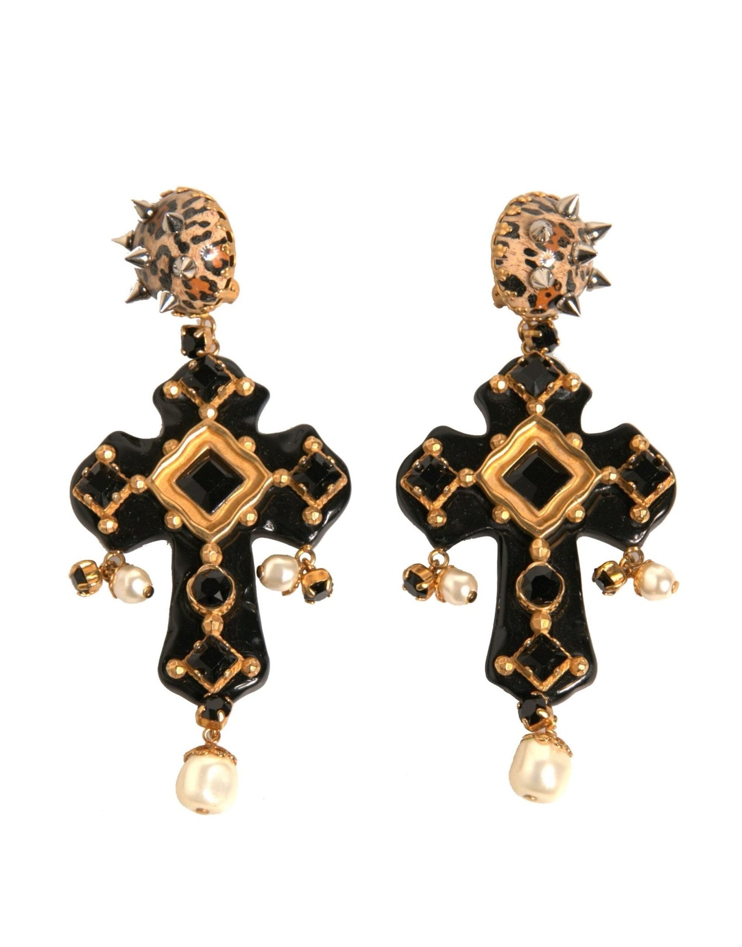 Dolce & Gabbana Black Crystal Cross Crystal Embellished Gold Clip On Earrings - Sandy Store ByNet