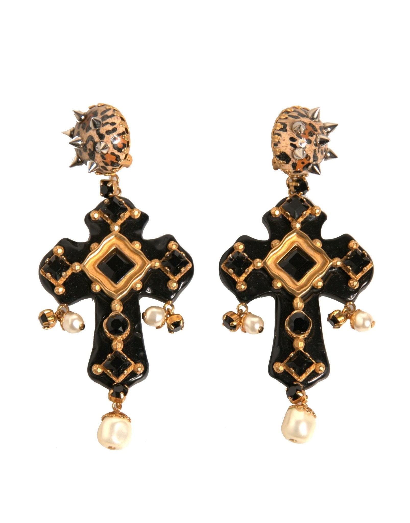 Dolce & Gabbana Black Crystal Cross Crystal Embellished Gold Clip On Earrings - Sandy Store ByNet
