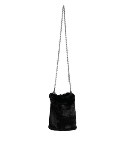 Dolce & Gabbana Black Faux Fur Silver Chain Crossbody Shoulder Purse Bag - Sandy Store ByNet