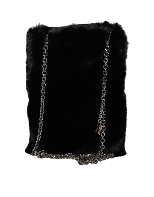 Dolce & Gabbana Black Faux Fur Silver Chain Crossbody Shoulder Purse Bag - Sandy Store ByNet