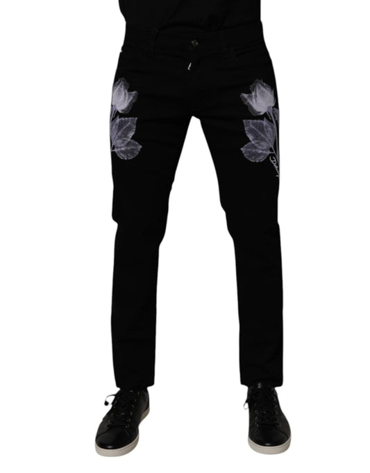 Dolce & Gabbana Black Floral Cotton Skinny Men Denim Jeans – IT48 | M par Dolce & Gabbana | Disponible sur Sandy Store ByNet