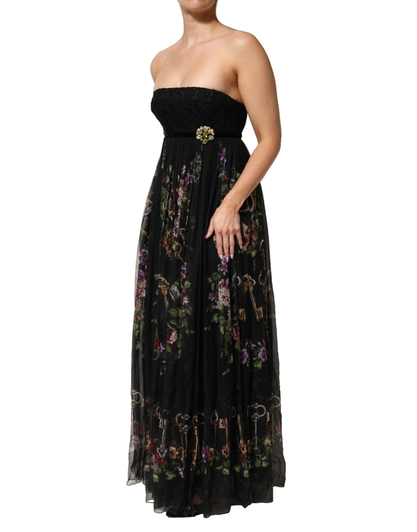 Dolce & Gabbana Black Floral Key Print Crystal Strapless Dress – IT40|S par Dolce & Gabbana | Disponible sur Sandy Store ByNet