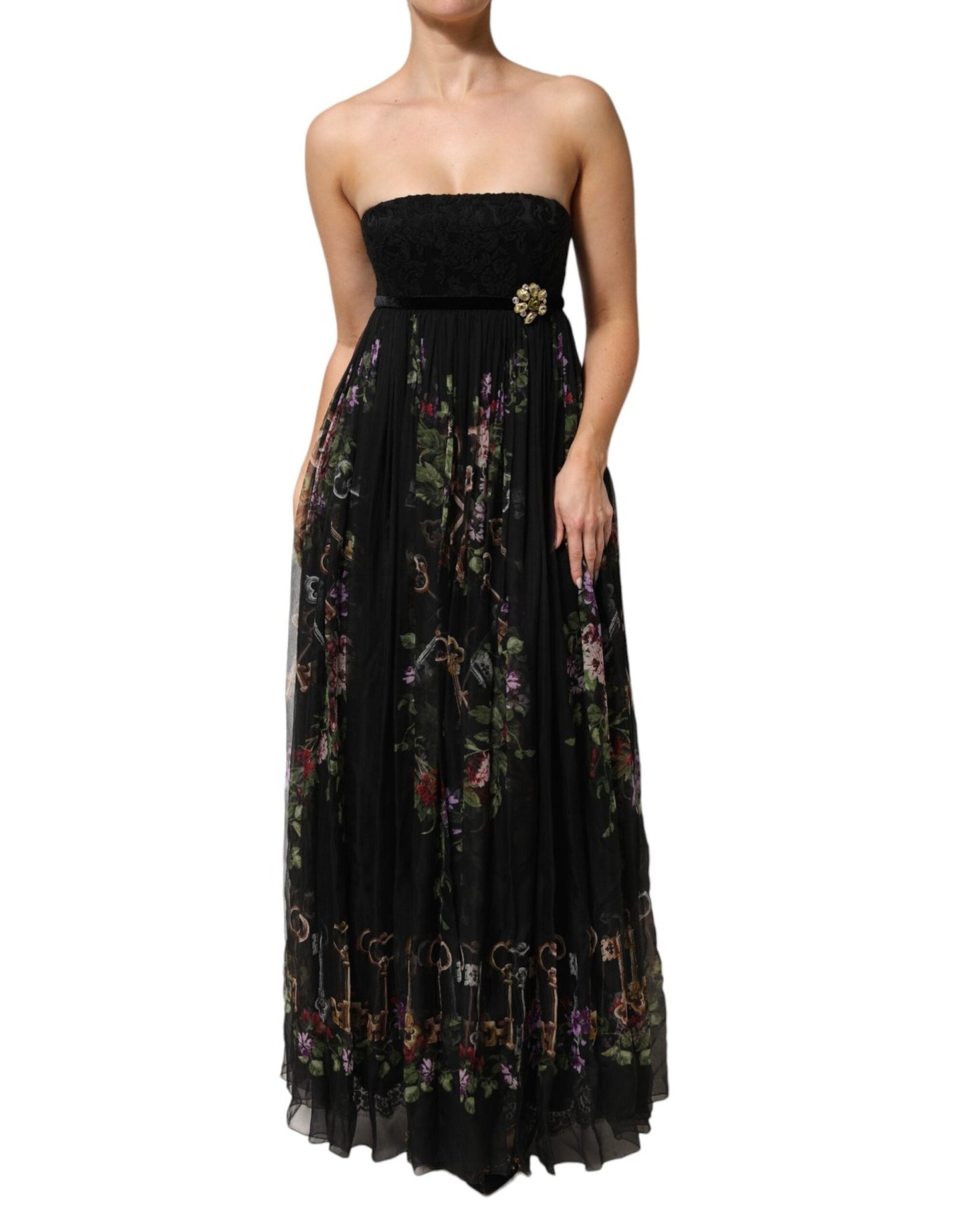 Dolce & Gabbana Black Floral Key Print Crystal Strapless Dress – IT40|S par Dolce & Gabbana | Disponible sur Sandy Store ByNet