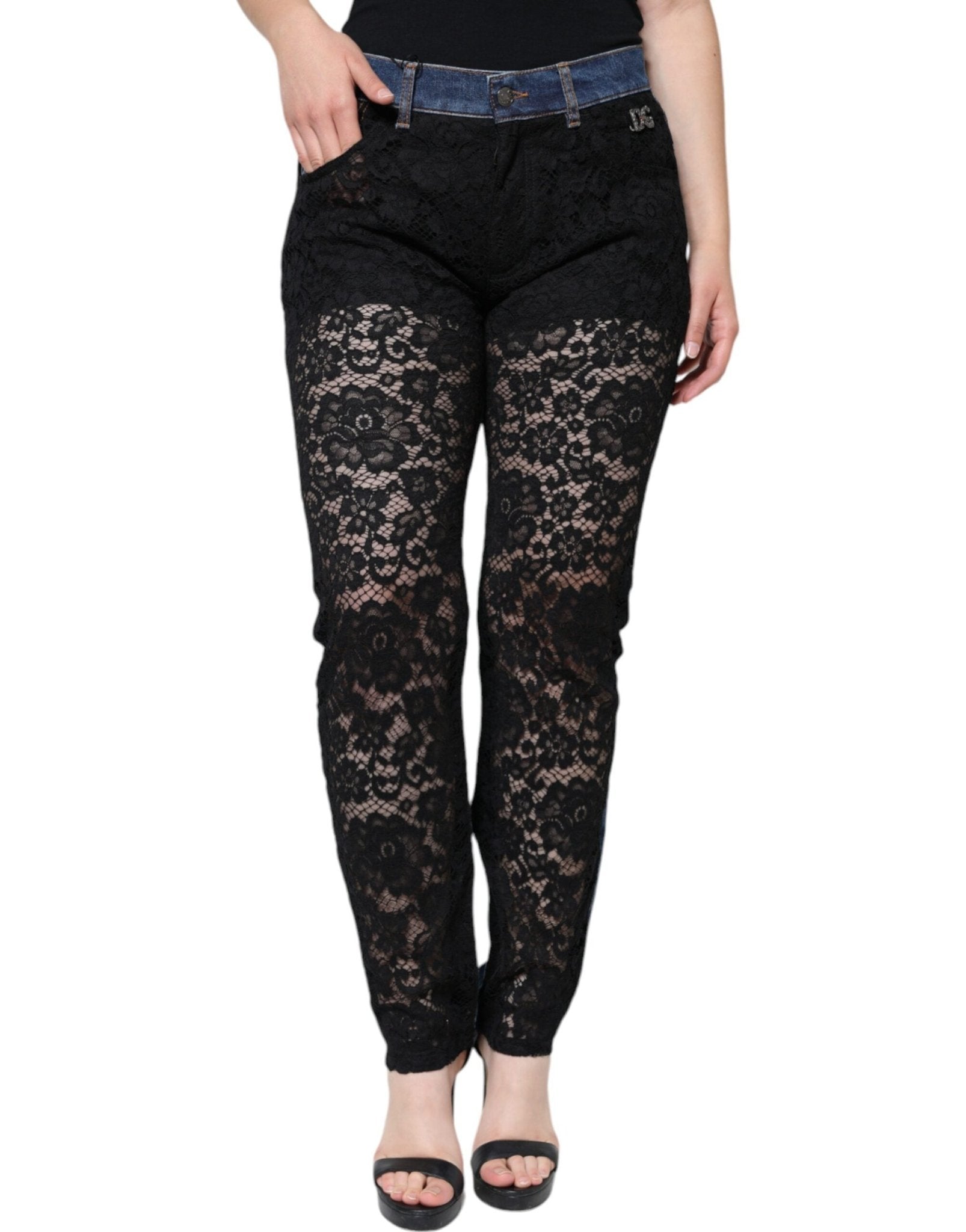 Dolce & Gabbana Black Floral Lace Front Skinny Denim Jeans – IT44 | L par Dolce & Gabbana | Disponible sur Sandy Store ByNet