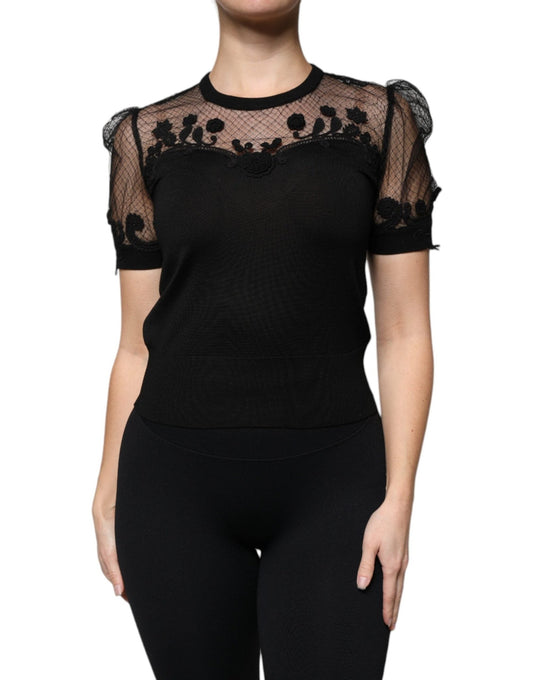 Dolce & Gabbana Black Floral Lace Short Sleeves Blouse Top – IT38 | XS par Dolce & Gabbana | Disponible sur Sandy Store ByNet