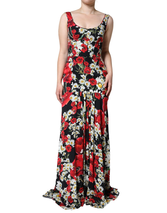 Dolce & Gabbana Black Floral Silk Sleeveless Long Gown Dress - Sandy Store ByNet