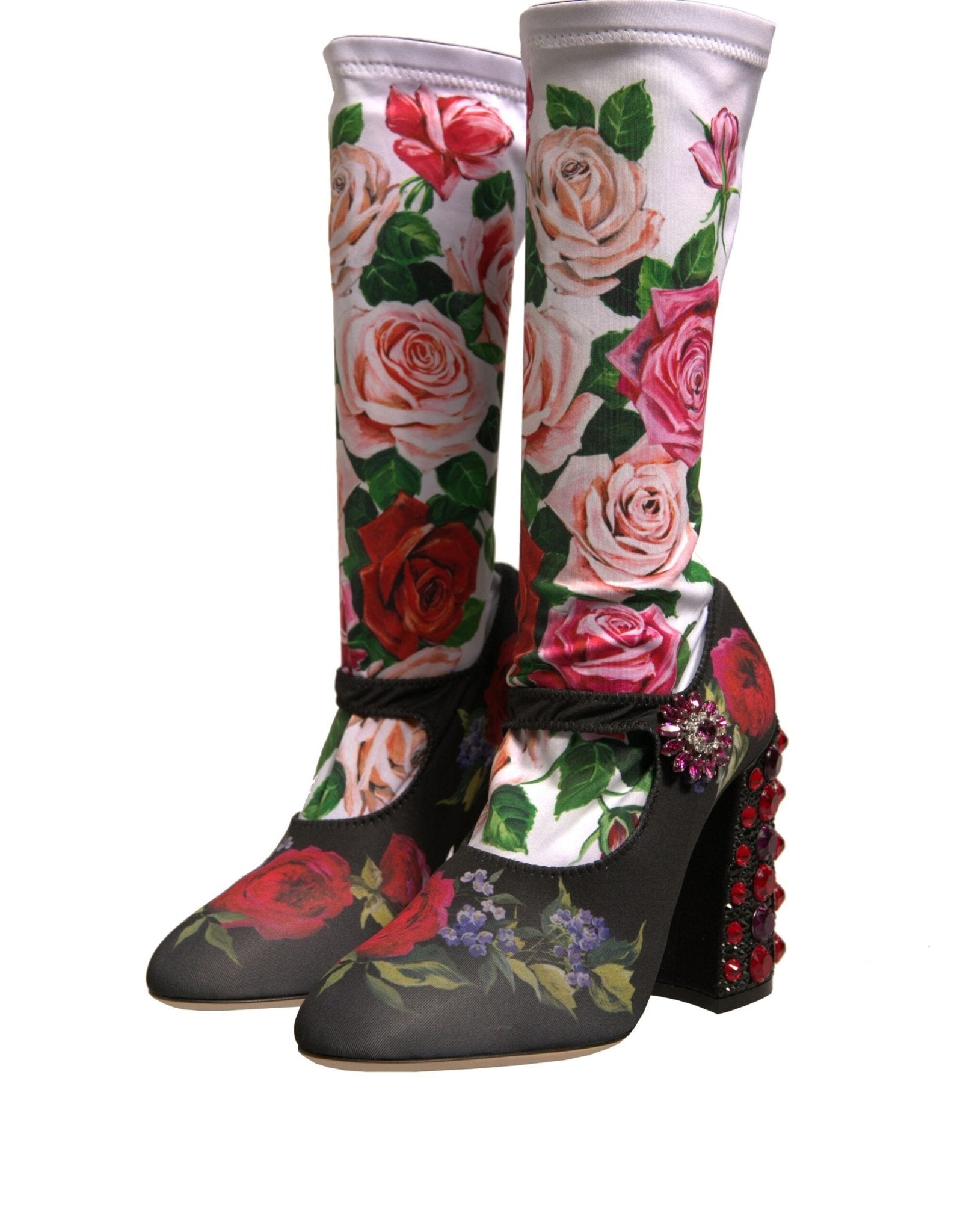 Dolce & Gabbana Black Floral Socks Crystal Boots Jersey Shoes - Sandy Store ByNet