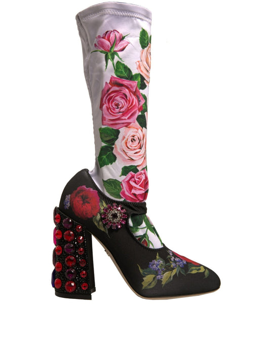 Dolce & Gabbana Black Floral Socks Crystal Boots Jersey Shoes - Sandy Store ByNet