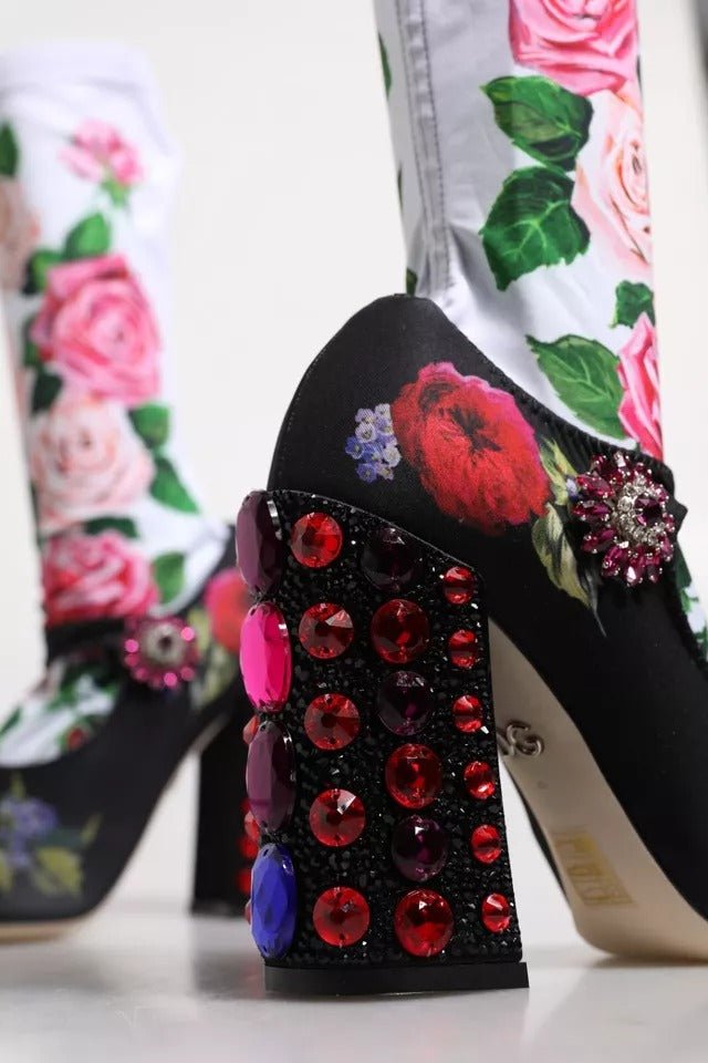 Dolce & Gabbana Black Floral Socks Crystal Boots Jersey Shoes - Sandy Store ByNet
