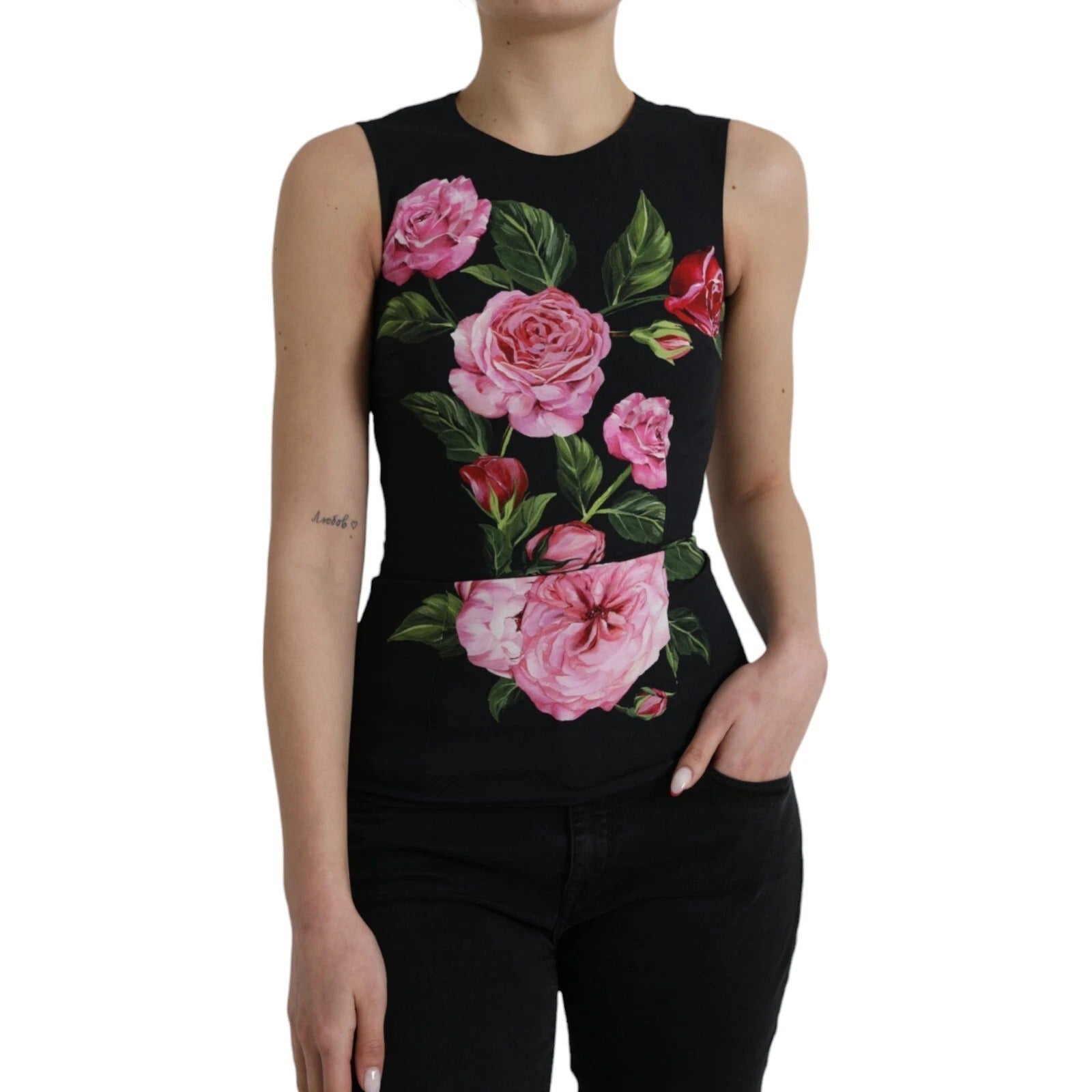 Dolce & Gabbana Black Floral Viscose Round Neck Tank Top – IT38 | XS par Dolce & Gabbana | Disponible sur Sandy Store ByNet