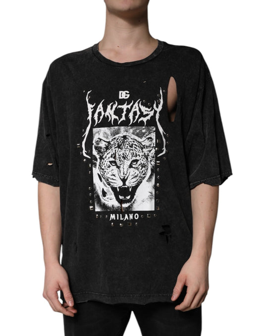 Dolce & Gabbana Black Graphic Print Cotton Crew Neck T-shirt – IT52 | XL par Dolce & Gabbana | Disponible sur Sandy Store ByNet