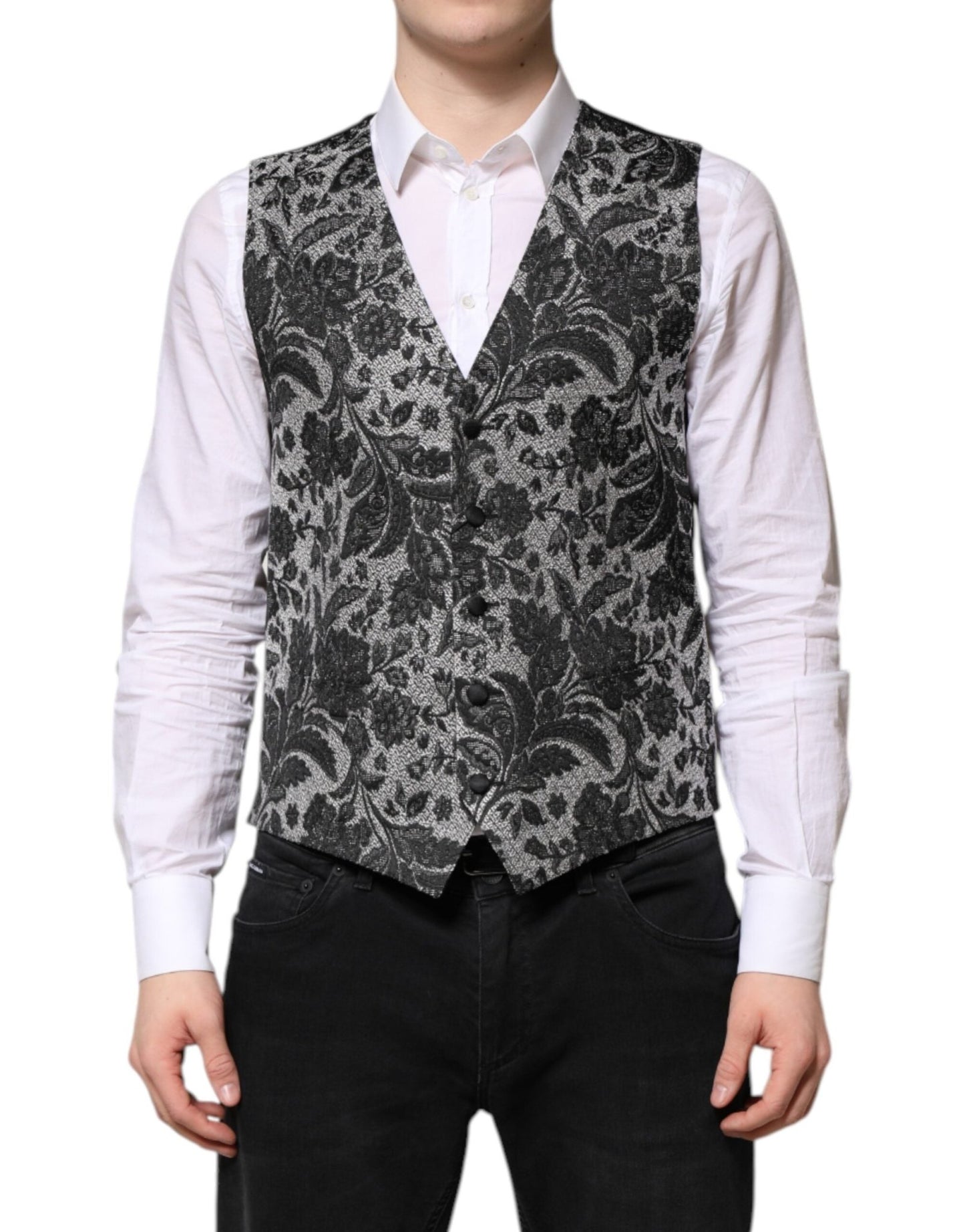 Dolce & Gabbana Black Gray Brocade Formal Men Waistcoat Vest – IT48 | M par Dolce & Gabbana | Disponible sur Sandy Store ByNet