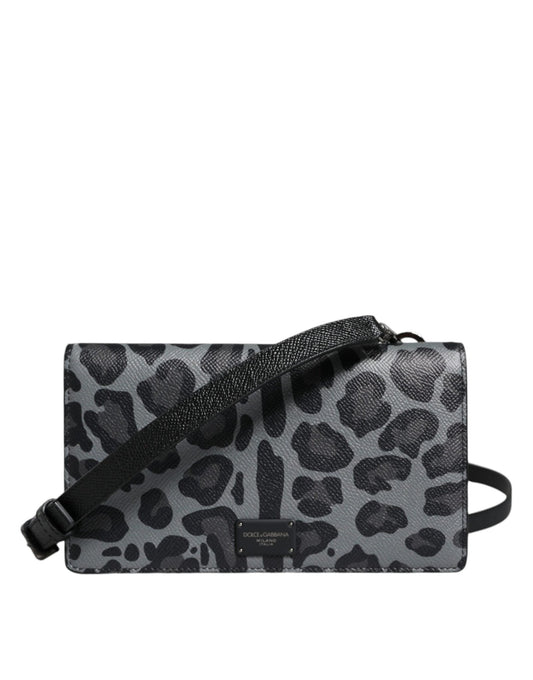 Dolce & Gabbana Black Gray Leopard Leather Bifold Card Slot Crossbody Bag - Sandy Store ByNet