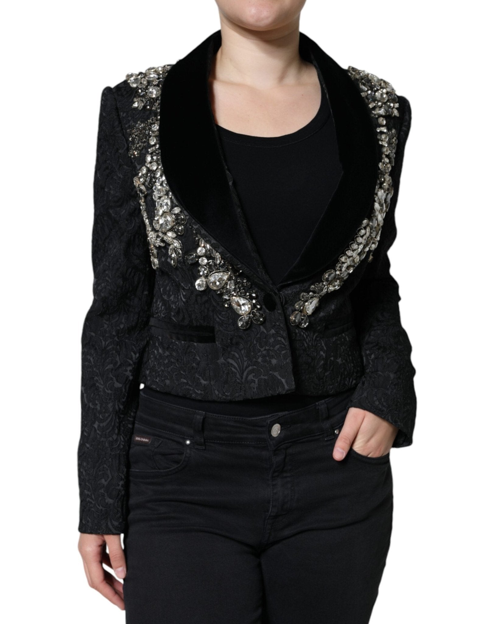 Dolce & Gabbana Black Jacquard Crystal Floral Jacket Blazer - Sandy Store ByNet
