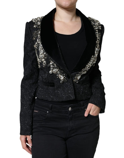 Dolce & Gabbana Black Jacquard Crystal Floral Jacket Blazer - Sandy Store ByNet