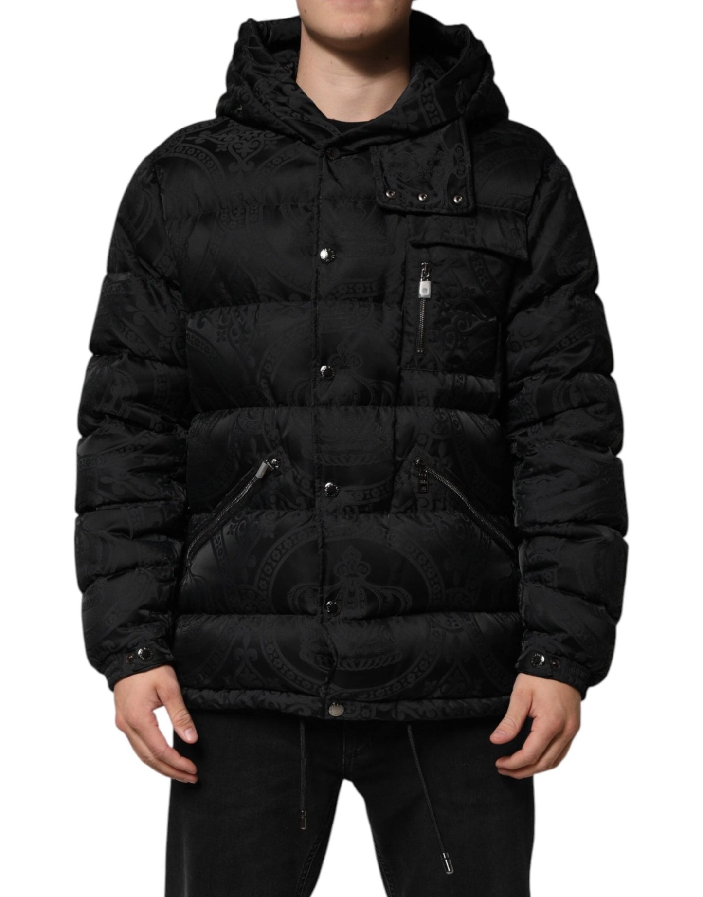 Dolce & Gabbana Black Jacquard Quilted Puffer Hooded Jacket – IT48 | M par Dolce & Gabbana | Disponible sur Sandy Store ByNet