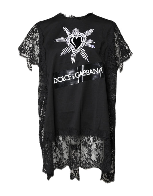 Dolce & Gabbana Black Lace Sheer Sacred Heart Crew Neck Top - Sandy Store ByNet