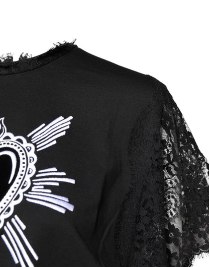 Dolce & Gabbana Black Lace Sheer Sacred Heart Crew Neck Top - Sandy Store ByNet