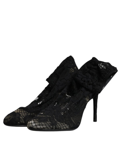 Dolce & Gabbana Black Lace Stretch Heels Mid Calf Boots Shoes – EU37.5/US7 par Dolce & Gabbana | Disponible sur Sandy Store ByNet