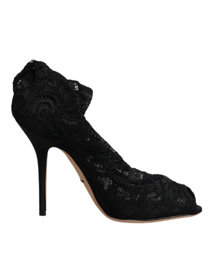 Dolce & Gabbana Black Lace Stretch Heels Mid Calf Boots Shoes - Sandy Store ByNet