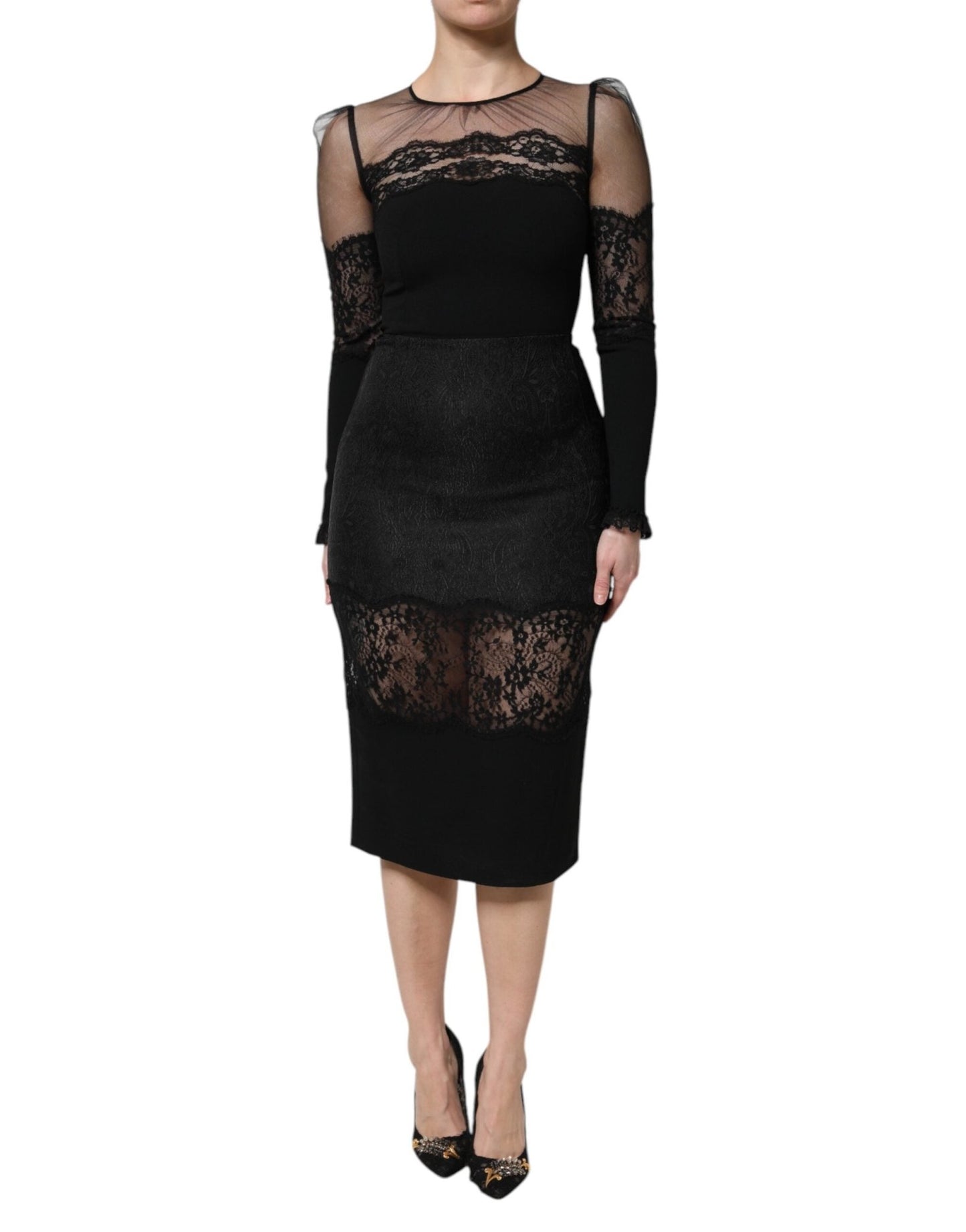 Dolce & Gabbana Black Lace Trim Nylon Tulle SheathMidi Dress – IT38 | XS par Dolce & Gabbana | Disponible sur Sandy Store ByNet