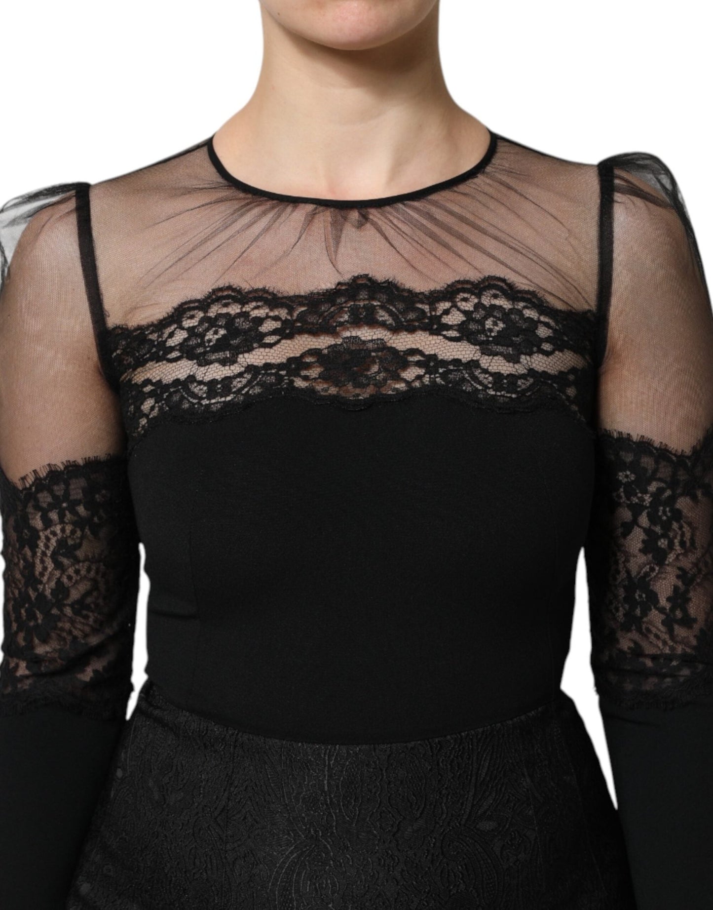 Dolce & Gabbana Black Lace Trim Nylon Tulle SheathMidi Dress – IT38 | XS par Dolce & Gabbana | Disponible sur Sandy Store ByNet