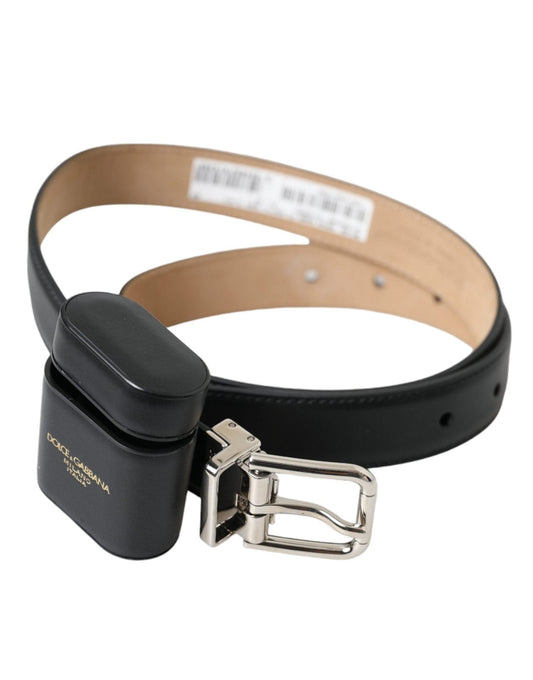 Dolce & Gabbana Black Leather Airpods Case Silver Buckle Belt - Sandy Store ByNet