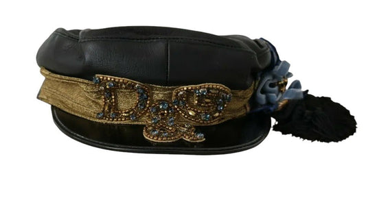 Dolce & Gabbana Black Leather Crystal Beads Gold Ribbon Fiddler Cap – 56 cm|XS par Dolce & Gabbana | Disponible sur Sandy Store ByNet