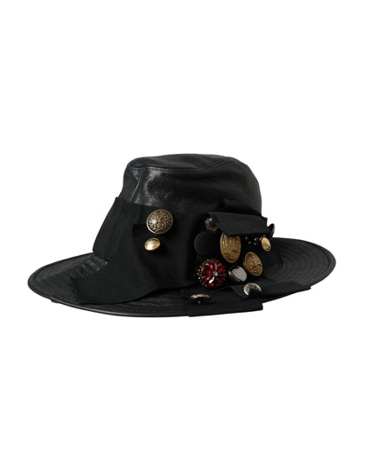 Dolce & Gabbana Black Leather DG Coin Crystal Wide Brim Hat – 57 cm|S par Dolce & Gabbana | Disponible sur Sandy Store ByNet