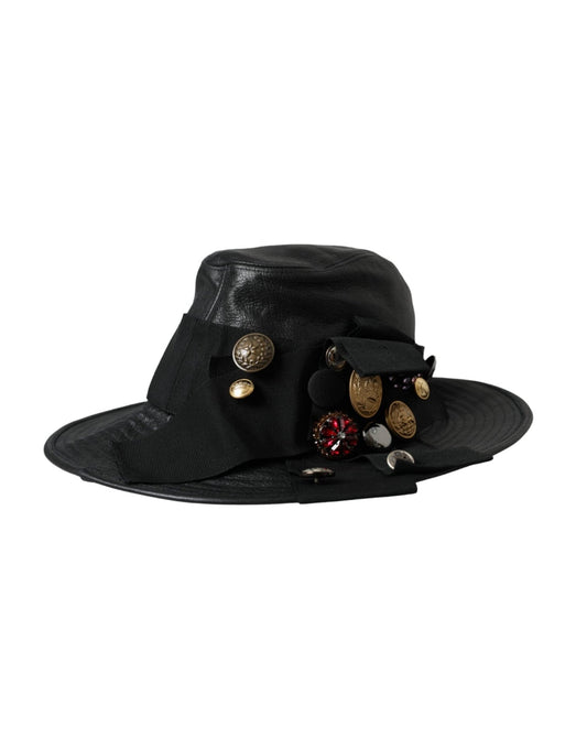 Dolce & Gabbana Black Leather DG Coin Crystal Wide Brim Hat – 57 cm|S par Dolce & Gabbana | Disponible sur Sandy Store ByNet