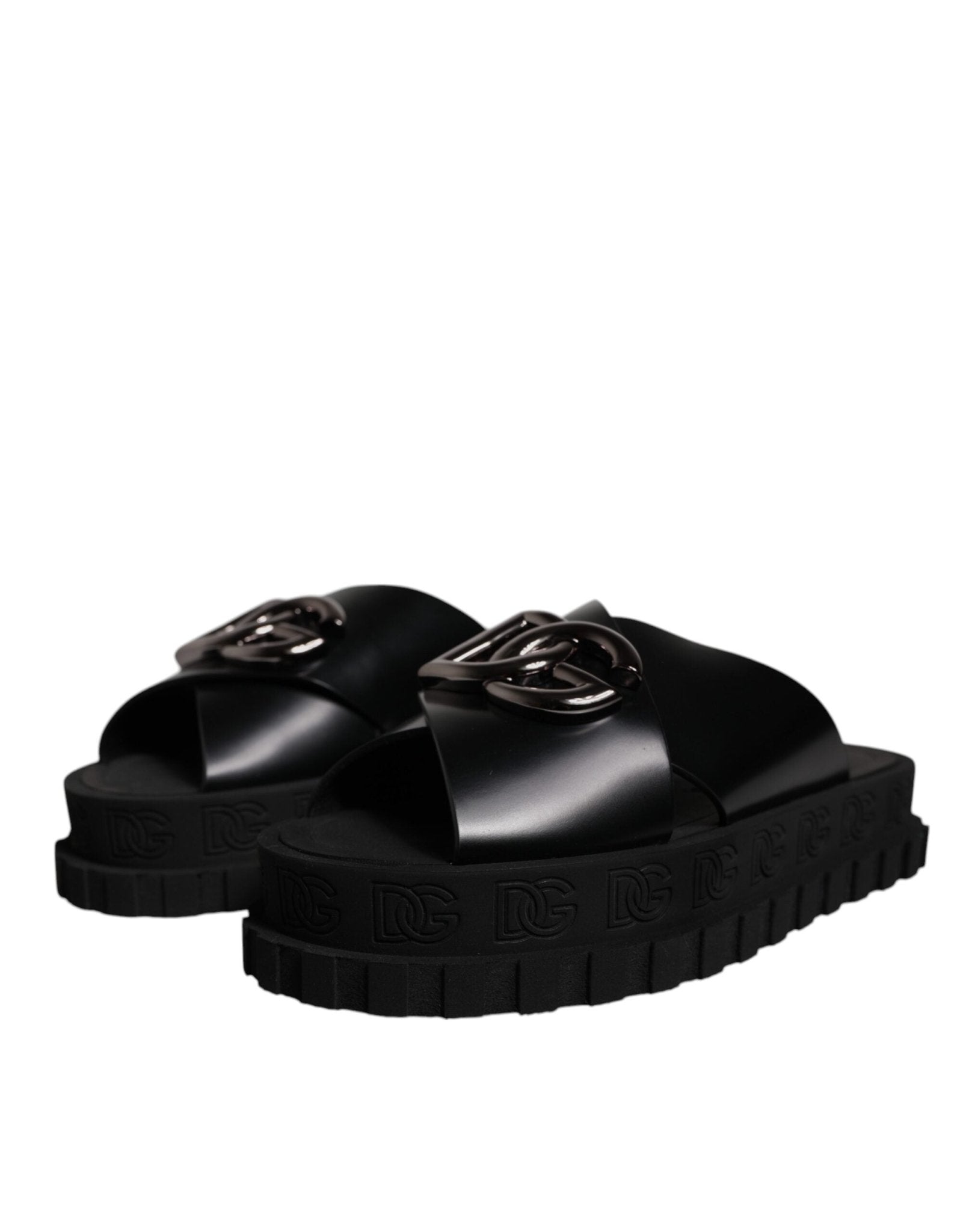 Dolce & Gabbana Black Leather DG Criss Cross Slides Sandals Shoes - Sandy Store ByNet
