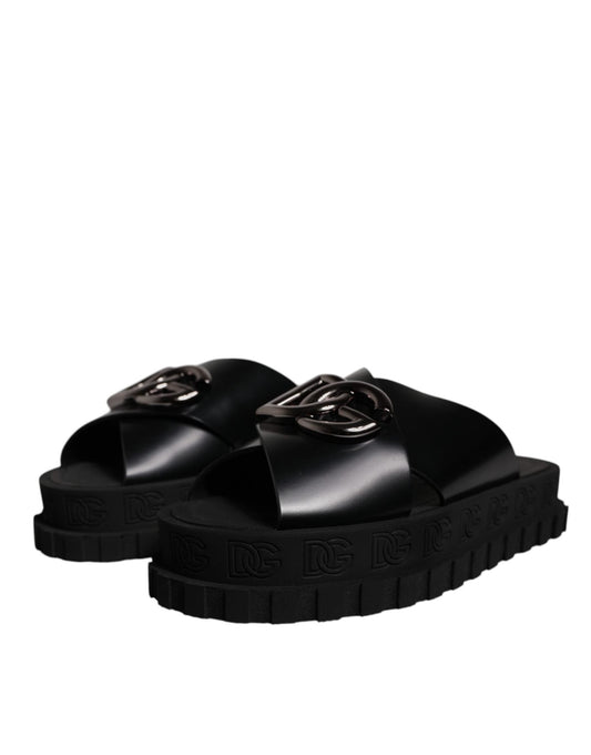 Dolce & Gabbana Black Leather DG Criss Cross Slides Sandals Shoes - Sandy Store ByNet