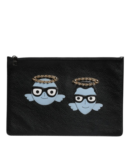 Dolce & Gabbana Black Leather #DGFAMILY Embellished Men Zip Pouch Bag - Sandy Store ByNet