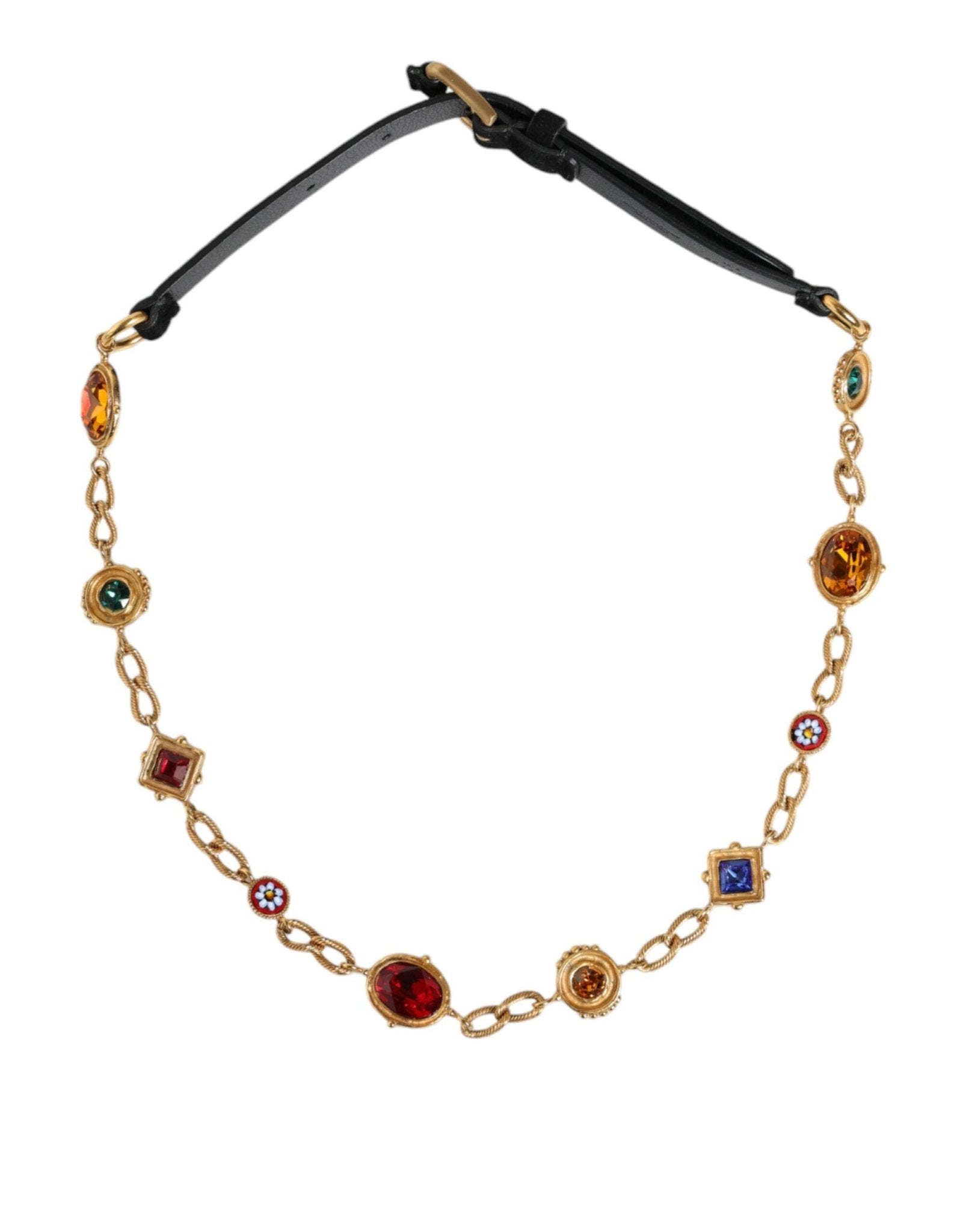 Dolce & Gabbana Black Leather Gold Brass Crystal Chain Waist Belt - Sandy Store ByNet