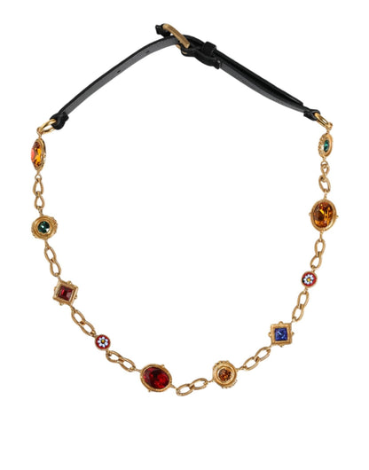 Dolce & Gabbana Black Leather Gold Brass Crystal Chain Waist Belt - Sandy Store ByNet