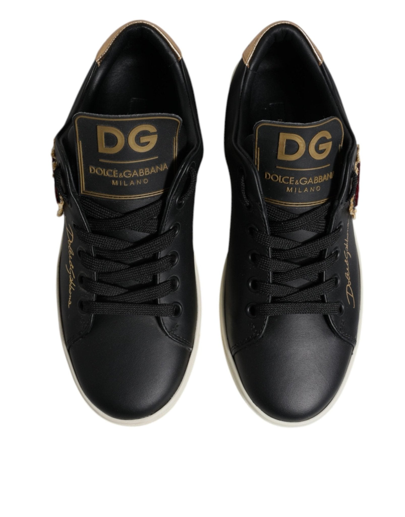 Dolce & Gabbana Black Leather Gold Red Heart Sneakers Shoes - Sandy Store ByNet