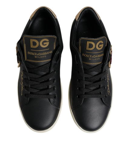 Dolce & Gabbana Black Leather Gold Red Heart Sneakers Shoes - Sandy Store ByNet